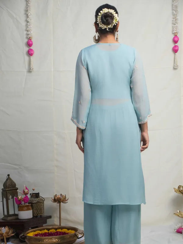 SKY BLUE PEARL EMBELLISHED ORGANZA KURTA SET