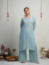 SKY BLUE PEARL EMBELLISHED ORGANZA KURTA SET