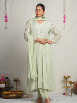 PISTACHIO GLOW – CHINNON SILK ANARKALI SUIT SET WITH PANT & DUPATTA