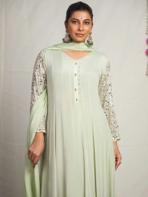 PISTACHIO GLOW – CHINNON SILK ANARKALI SUIT SET WITH PANT & DUPATTA