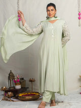 PISTACHIO GLOW – CHINNON SILK ANARKALI SUIT SET WITH PANT & DUPATTA
