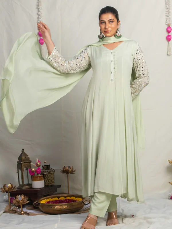 PISTACHIO GLOW – CHINNON SILK ANARKALI SUIT SET WITH PANT & DUPATTA