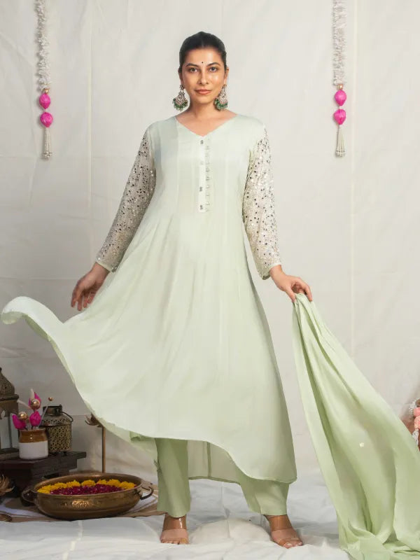 PISTACHIO GLOW – CHINNON SILK ANARKALI SUIT SET WITH PANT & DUPATTA