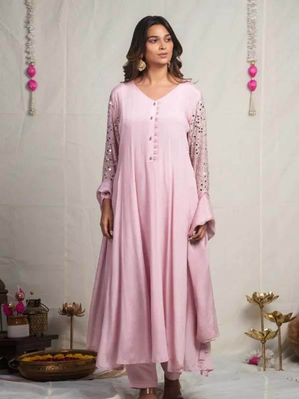 ROSE QUARTZ – PURE CHINNON SILK EMBROIDERED ANARKALI SUIT SET WITH PANT & DUPATTA