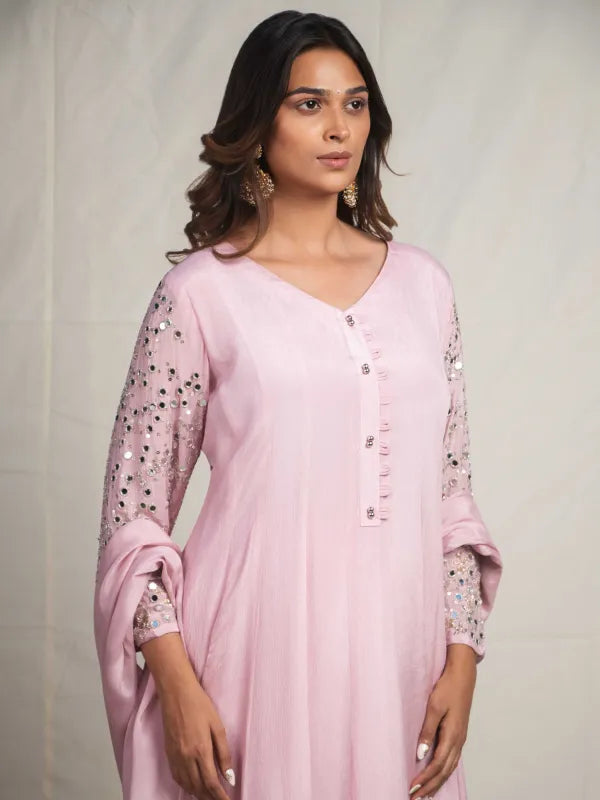 ROSE QUARTZ – PURE CHINNON SILK EMBROIDERED ANARKALI SUIT SET WITH PANT & DUPATTA