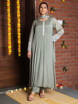 OLIVE GRACE – CHINNON SILK ANARKALI SUIT WITH PANT & DUPATTA