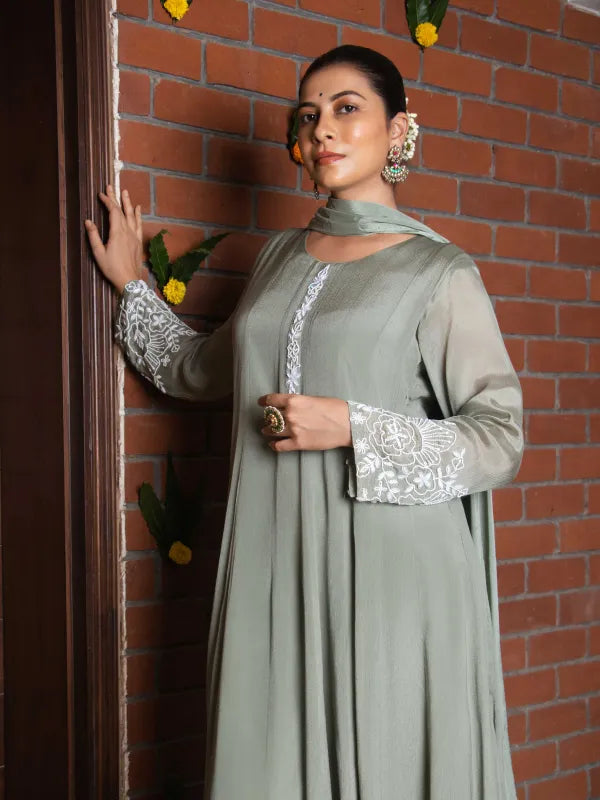 OLIVE GRACE – CHINNON SILK ANARKALI SUIT WITH PANT & DUPATTA