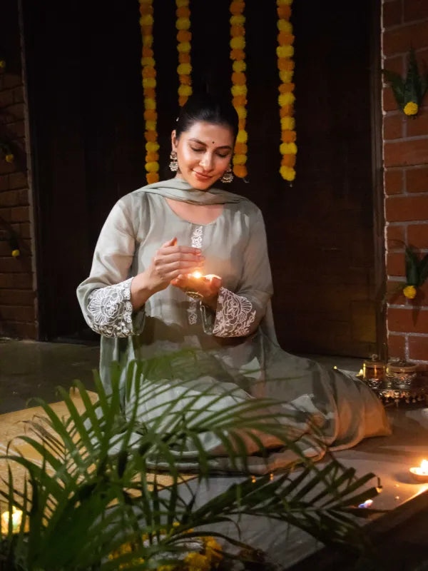 OLIVE GRACE – CHINNON SILK ANARKALI SUIT WITH PANT & DUPATTA