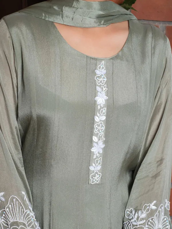 OLIVE GRACE – CHINNON SILK ANARKALI SUIT WITH PANT & DUPATTA