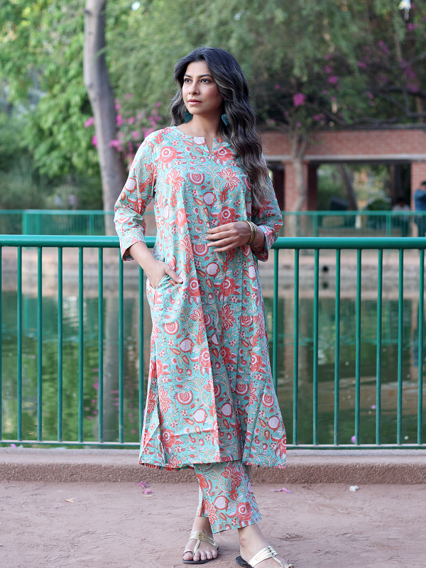 Green and Orange Hand Block Co-ord Set
