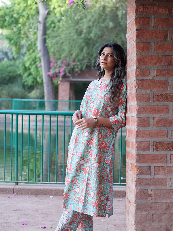 Green and Orange Hand Block Co-ord Set