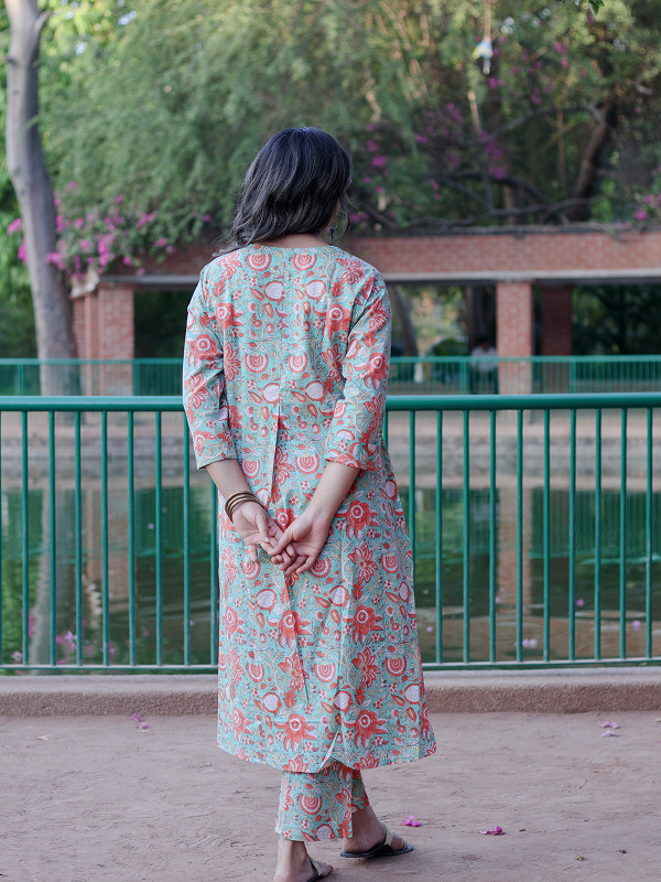 Green and Orange Hand Block Co-ord Set