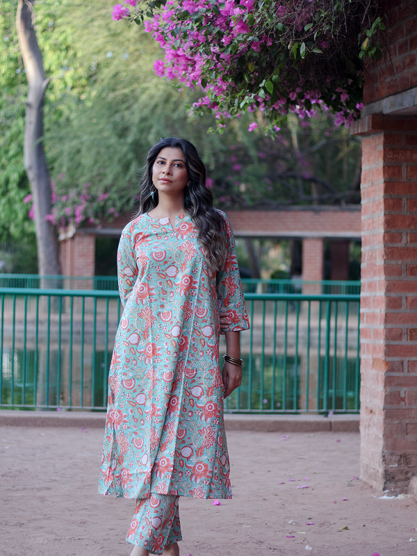 Green and Orange Hand Block Co-ord Set
