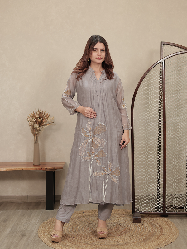 Grey Embroidered Mul Chanderi Kurta Set