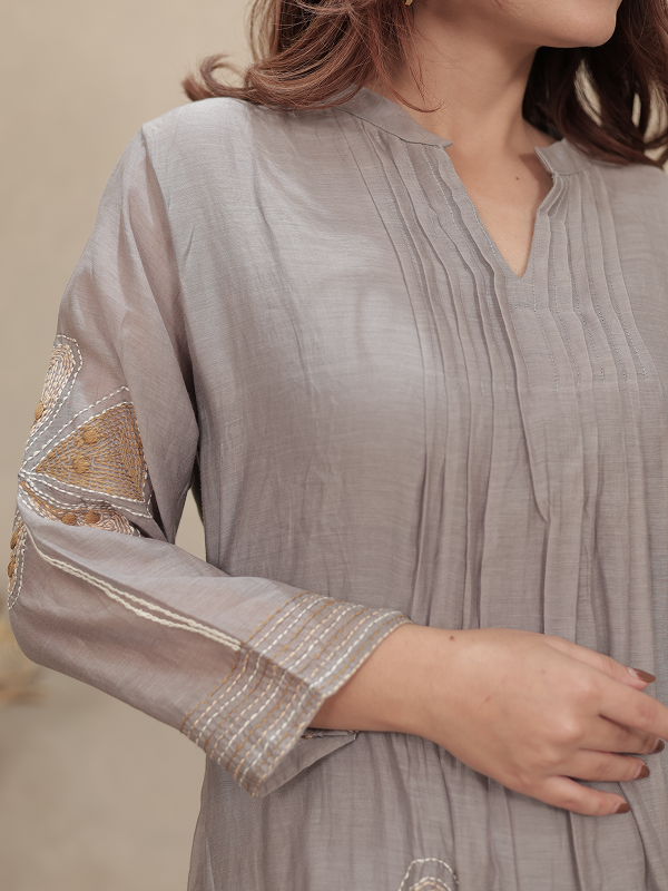 Grey Embroidered Mul Chanderi Kurta Set