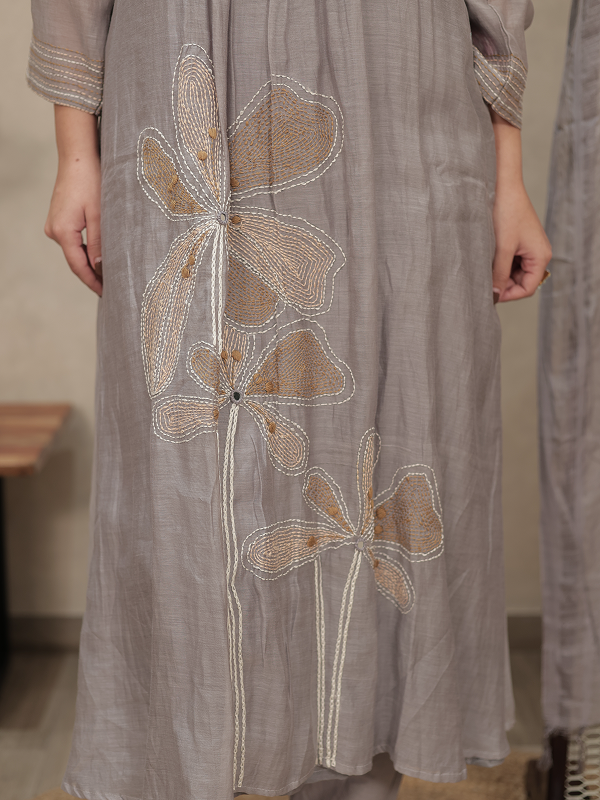 Grey Embroidered Mul Chanderi Kurta Set