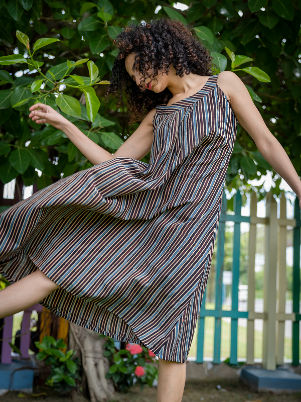 Holiday Dress - Indigo Maroon Stripes
