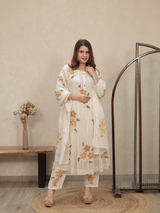 Ivory Floral Embroidered Mul Chanderi Kurta Set