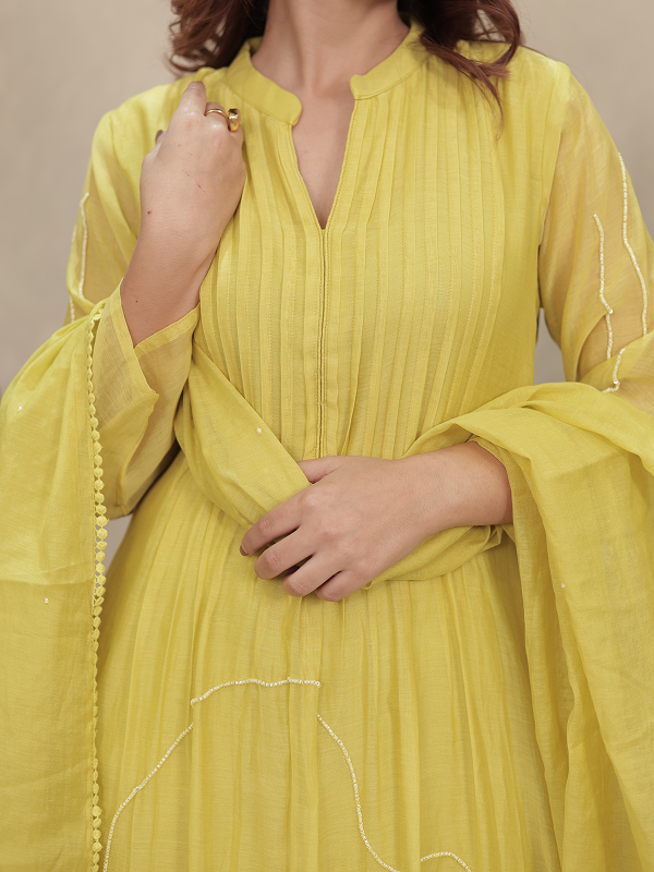 Lemon Yellow Embroidered Mul Chanderi Kurta Set