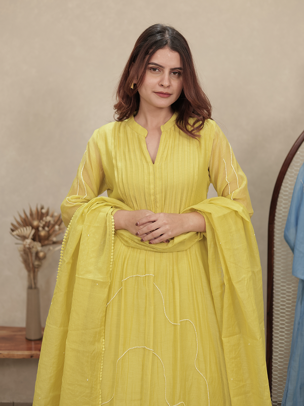 Lemon Yellow Embroidered Mul Chanderi Kurta Set