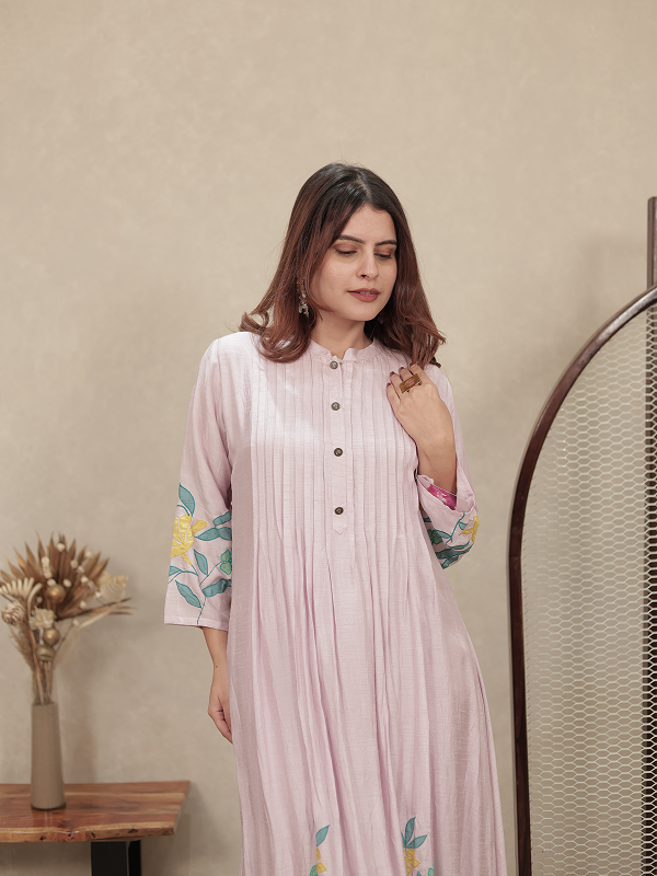 Light Pink Embroidered Mul Chanderi Kurta Set