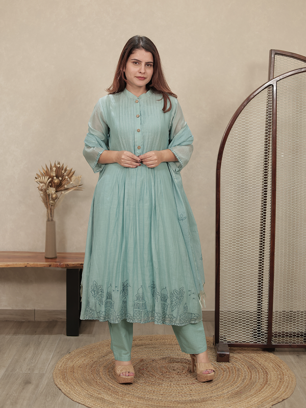 Mint Green Embroidered Mul Chanderi Kurta Set