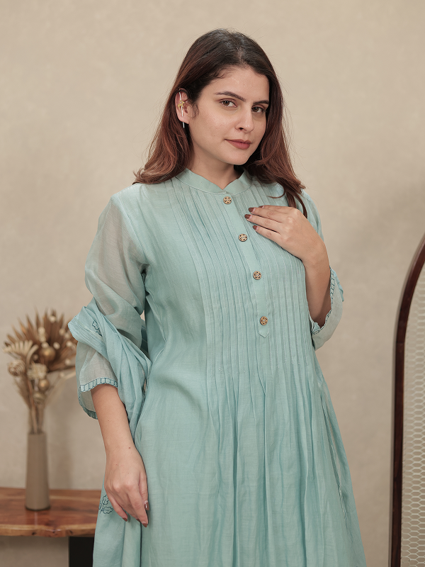 Mint Green Embroidered Mul Chanderi Kurta Set