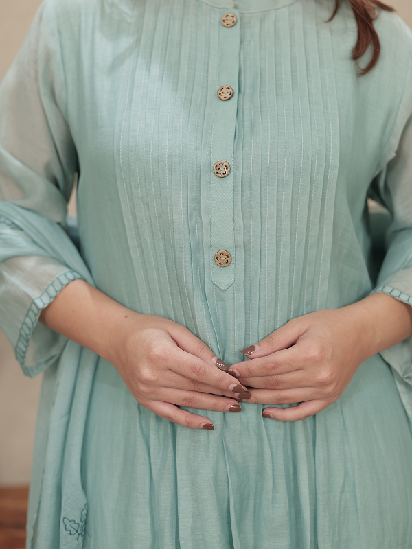 Mint Green Embroidered Mul Chanderi Kurta Set