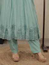 Mint Green Embroidered Mul Chanderi Kurta Set