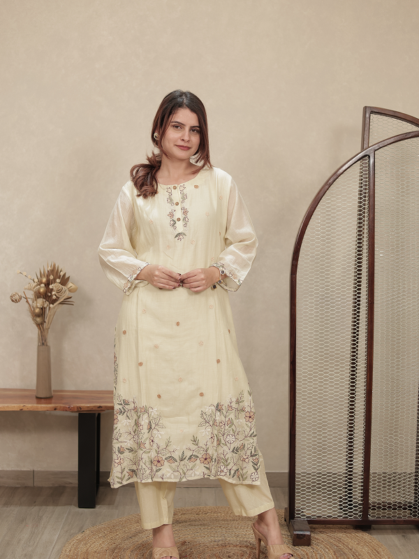 Off-White Embroidered Mul Chanderi Kurta Set