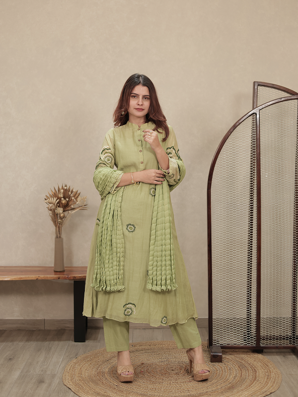 Olive Green Embroidered Mul Chanderi Kurta Set