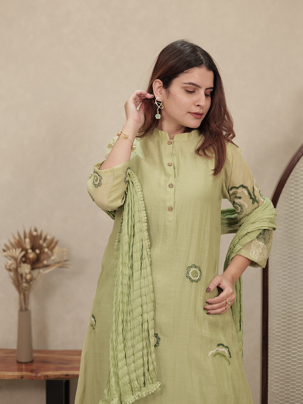 Olive Green Embroidered Mul Chanderi Kurta Set