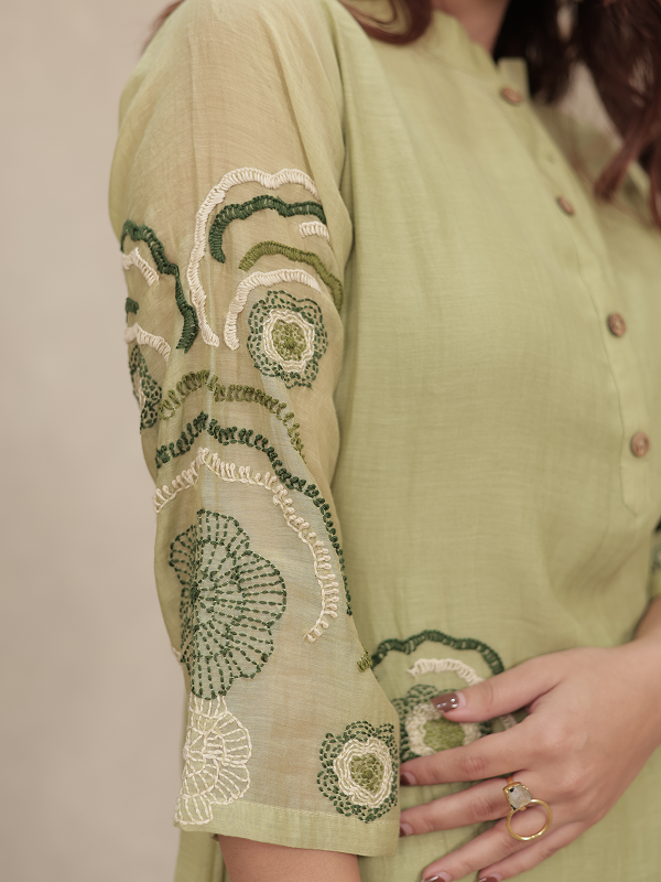 Olive Green Embroidered Mul Chanderi Kurta Set