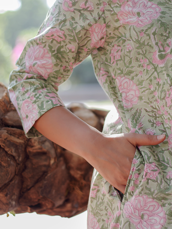 Pastel Green and Light Pink Hand Block Co-ord Set