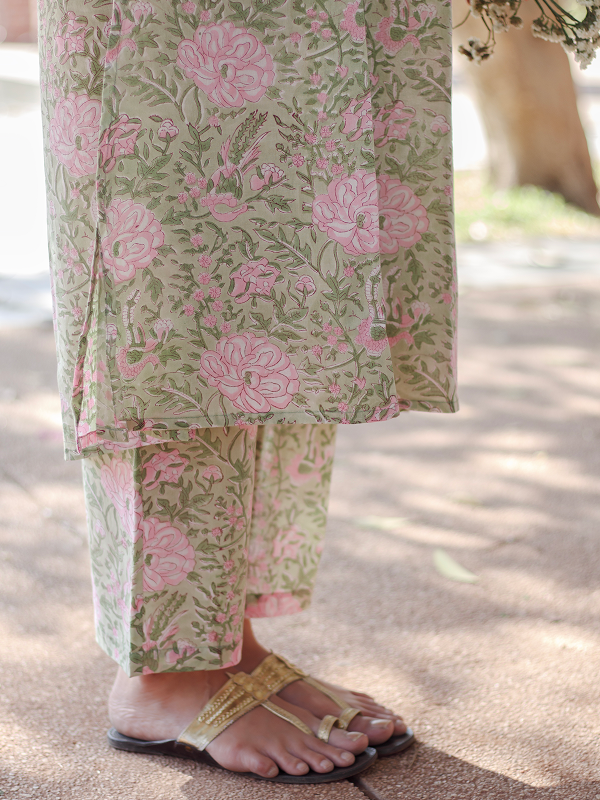 Pastel Green and Light Pink Hand Block Co-ord Set