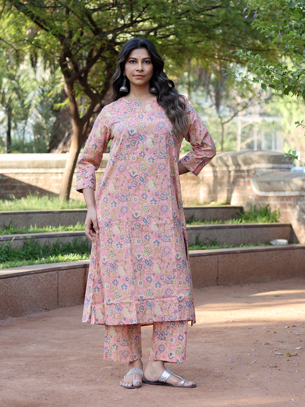 Peach and Green Hand Block Co-ord Set