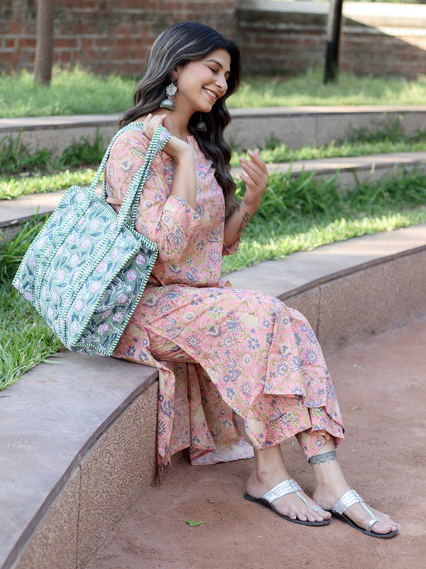 Peach and Green Hand Block Co-ord Set