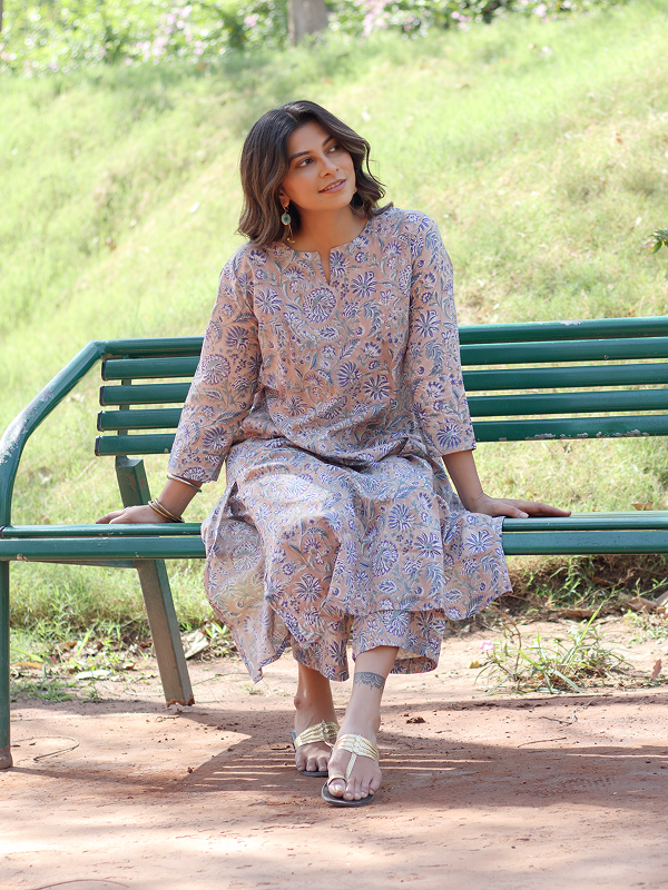 Sand and Blue Hand Block Co-ord Set