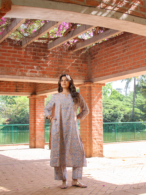 Sand and Blue Hand Block Co-ord Set