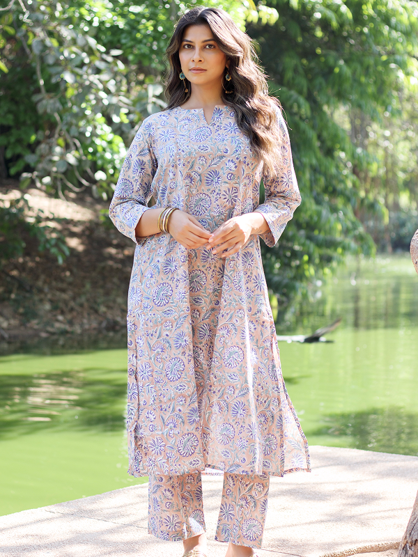 Sand and Blue Hand Block Co-ord Set