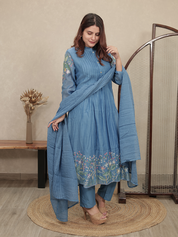 Sky Blue Embroidered Mul Chanderi Kurta Set
