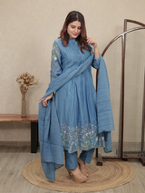 Sky Blue Embroidered Mul Chanderi Kurta Set