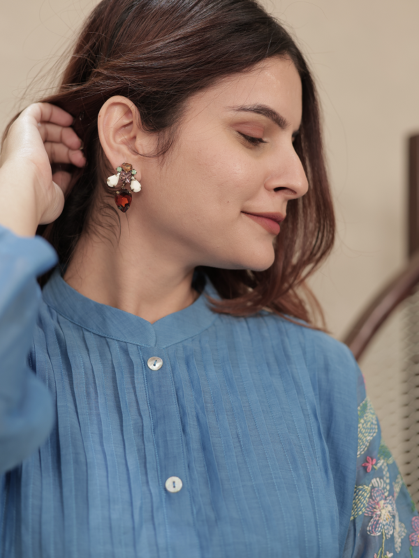 Sky Blue Embroidered Mul Chanderi Kurta Set