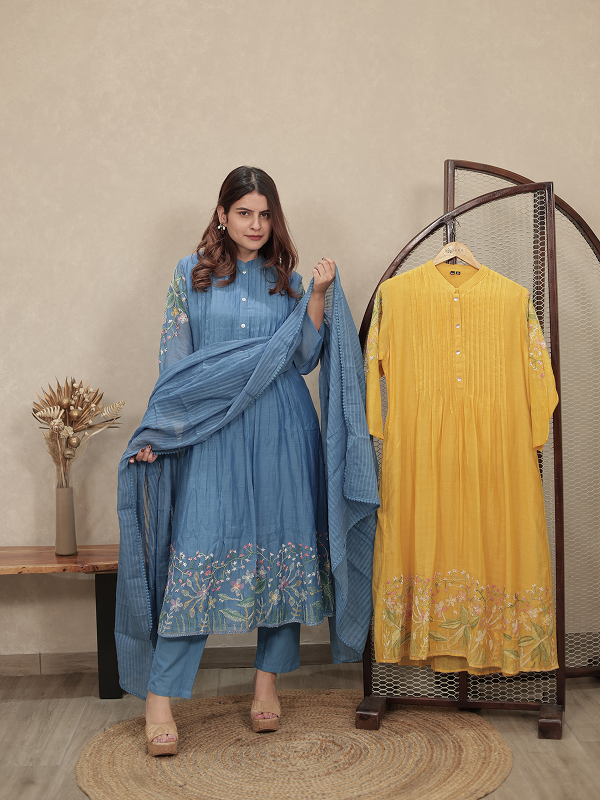Sky Blue Embroidered Mul Chanderi Kurta Set