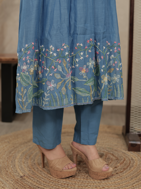 Sky Blue Embroidered Mul Chanderi Kurta Set