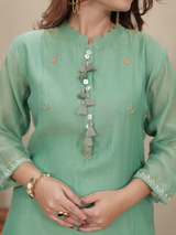 Teal Green Embroidered Mul Chanderi Kurta Set