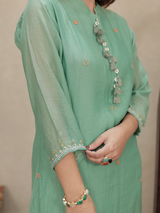 Teal Green Embroidered Mul Chanderi Kurta Set