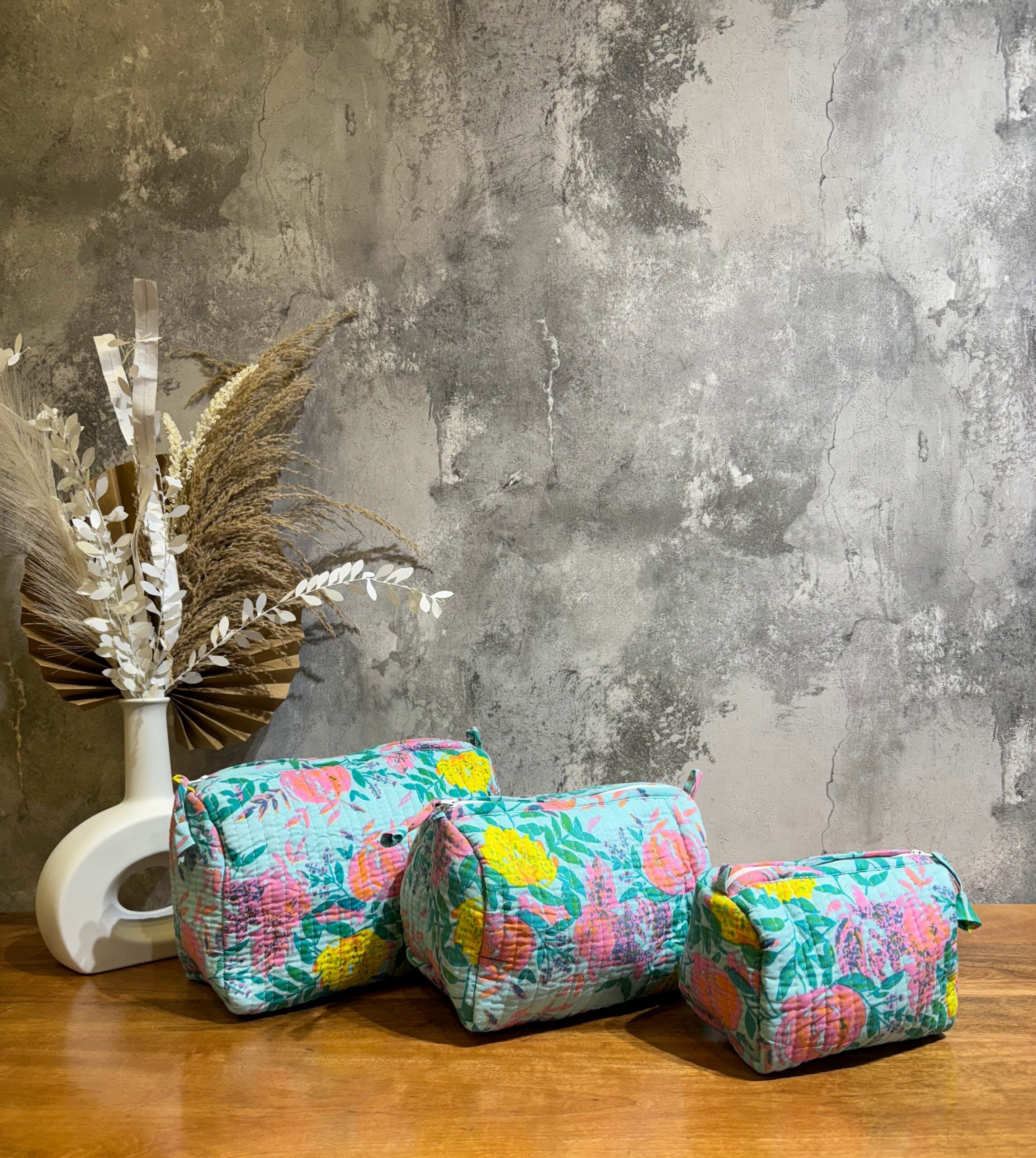Set of 3 Block Printed Toiletry Bags / Pouches