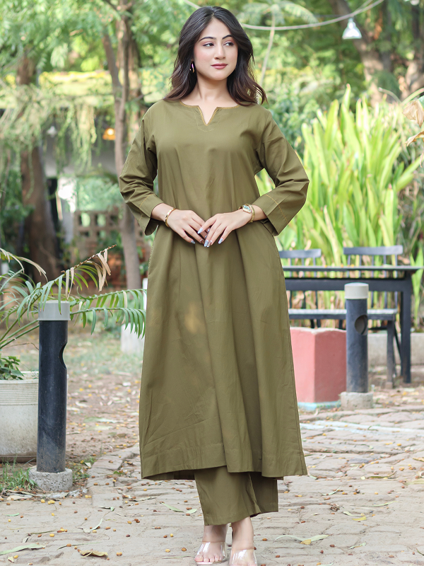 Co-ord Set of 2 - Olive Top & Pant With Hand Embroidery
