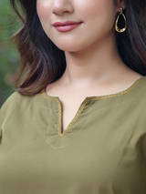 Co-ord Set of 2 - Olive Top & Pant With Hand Embroidery